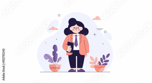 A cartoon woman in business attire stands between two potted plants, holding a book