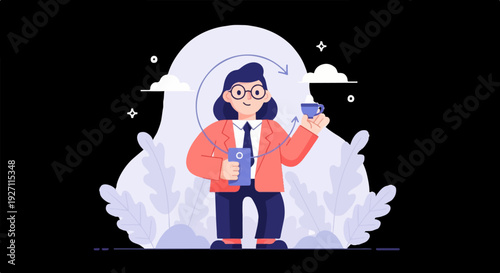 Businesswoman in coral jacket holding a phone and sipping coffee, encircled by workflow