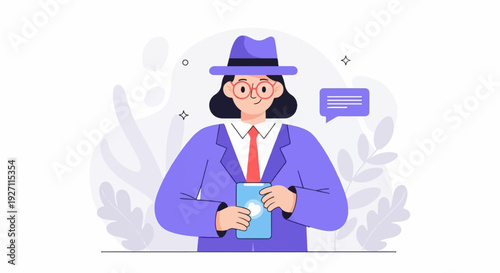 A person in a suit and hat holds a phone, with a speech bubble nearby