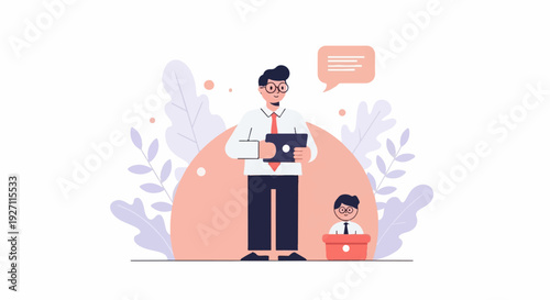 A tall man with a tablet and a speech bubble stands near a small boy in a podium