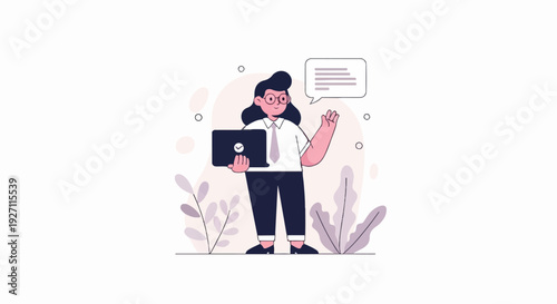 A woman in glasses holds a laptop and waves with a speech bubble above her