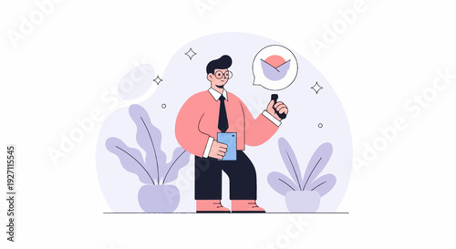 A cartoon man in a shirt and tie holds a phone and tablet, with a speech bubble above