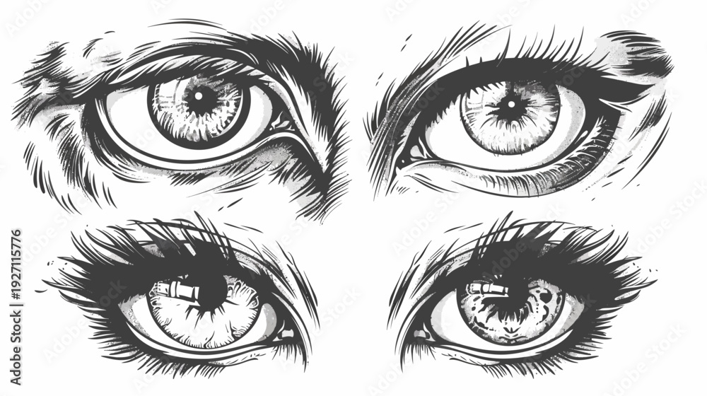 Obraz premium A detailed illustration showcasing four pairs of eyes in black and white, featuring varying expressions