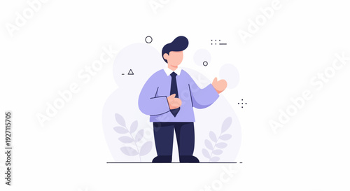 A stylized man in a suit and tie gestures with his hand, with abstract shapes and foliage in background