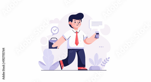 A busy professional strides forward, holding a briefcase and smartphone with a message bubble above