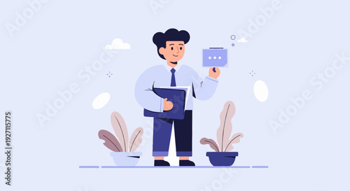 Animated businessman holding a folder and tablet with decorative plants in a calm setting