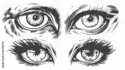 A detailed illustration showcasing four pairs of eyes in black and white, featuring varying expressions