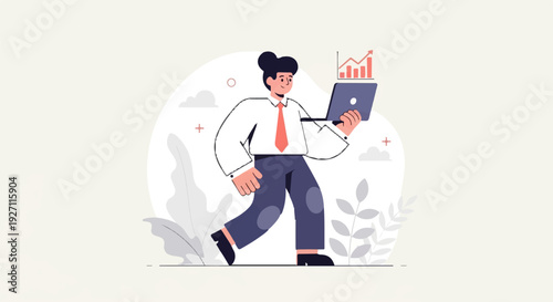 Business professional walking with laptop displaying upward trending graph