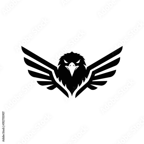 Bold black vector eagle logo featuring majestic spread wings, symbolizing strength, freedom, and vision, perfect for corporate branding, sports teams, and emblems