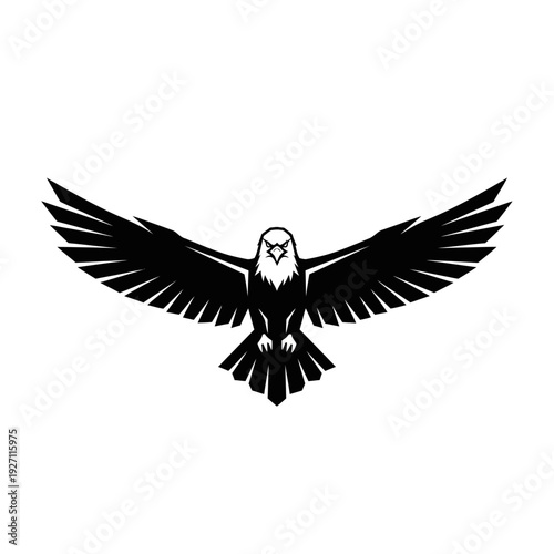 Dynamic black vector logo depicting a majestic eagle in flight with powerful outstretched wings, symbolizing freedom, strength, and soaring ambition