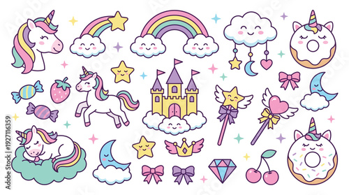 Cute unicorns elements. Kids little horse with wings. Child funny unicorn, rainbow, magic castle, clouds, stars. Fairy tale fantasy stickers for cards, invitations, posters. Vector set