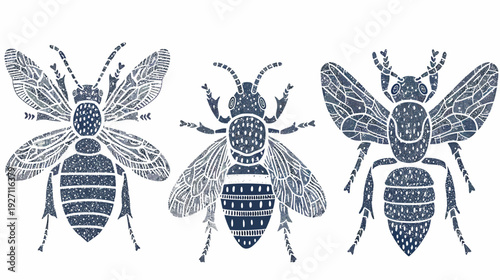 Stylized illustrations of three bees with intricate wing and body details in a blue and white palette
