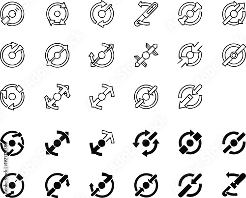 Collection of black line circular with arrows and rotation symbols on a white background