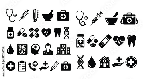 Health-related icons featuring medical symbols, tools, and professionals in a comprehensive design