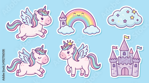 Cute unicorns elements. Kids little horse with wings. Child funny unicorn, rainbow, magic castle, clouds, stars. Fairy tale fantasy stickers for cards, invitations, posters. Vector set