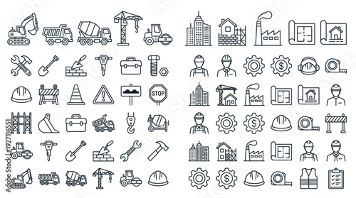 Collection of construction web icons featuring various tools, equipment, and safety symbols for use in digital projects