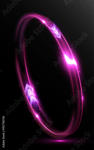 Glowing pink light ring in circular motion with dynamic arrow accents, symbolizing speed, energy flow, rotation and futuristic digital movement on dark background.
