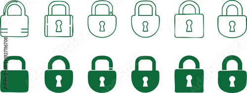 Collection of Green Padlock Showing Different Styles and States of Lock and Unlock