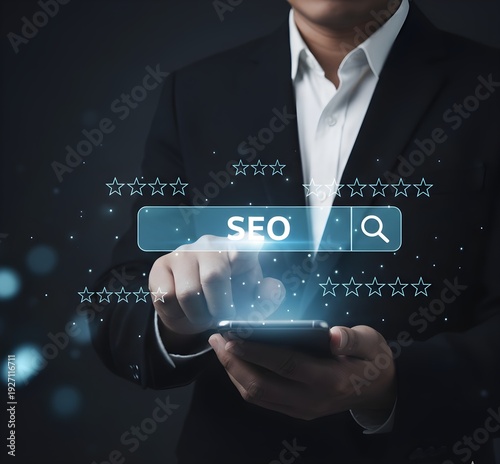 Businessman Using Smartphone With SEO Search Bar And Digital Ratings For Online Marketing And Optimization