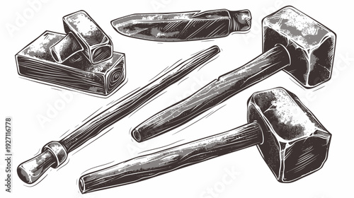 Black and white illustration of various tools with wooden handles and metal heads. Tools are arranged