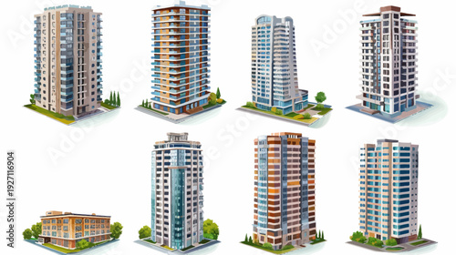 Eight stylized, colorful illustrations of modern apartment buildings, showcasing diverse architectural designs