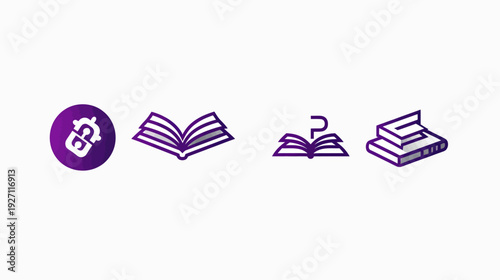A collection of stylized book illustrations and an emblem, all in shades of purple and white