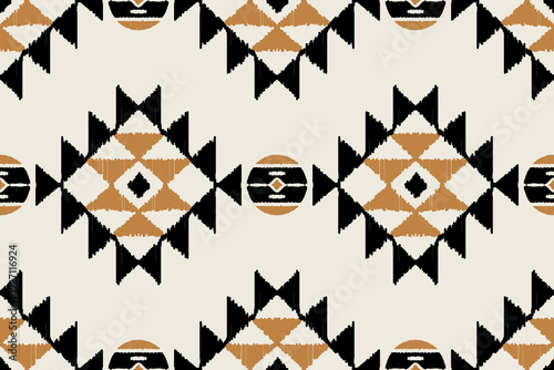 Retro Geometric Tribal Seamless Pattern in Black and Mustard.Boho Ethnic Diamond Repeat Background Design. Mid Century Abstract Tribal Textile Pattern.Scandinavian Style Tribal Motif All Over Pattern.