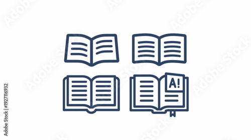 Four stylized, outlined open books in a square arrangement. One has an "A!" on a page with a bookmark