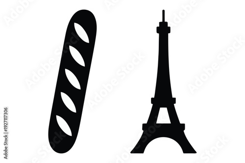 Black Silhouette of French Baguette and Eiffel Tower