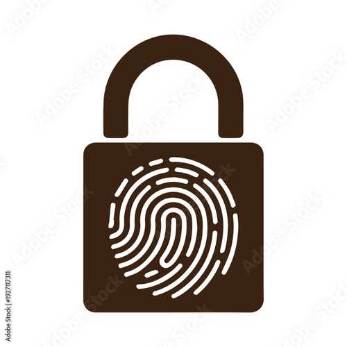Fingerprint padlock security icon. Includes a brown padlock with a white fingerprint scan symbol. Created in a flat, minimalist style with a brown and white color palette.