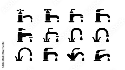 collection of nine minimalist faucet icons in a grid for ranking water fixture quality, featuring diverse tap designs for plumbing levels and interior styles.