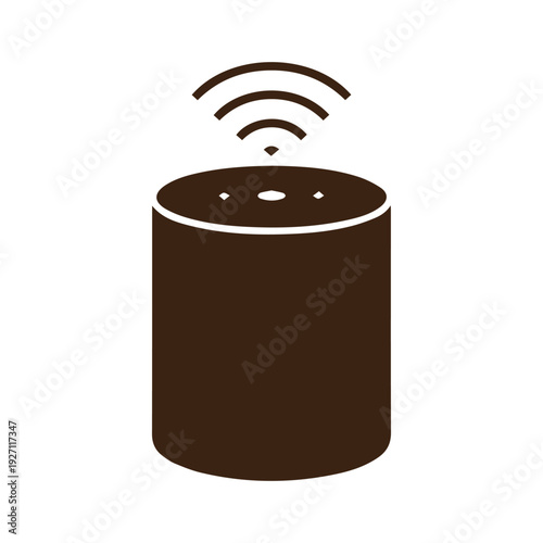 Smart speaker icon. Includes wireless, voice assistant, and home automation symbol. Created in solid black style with dark brown palette.