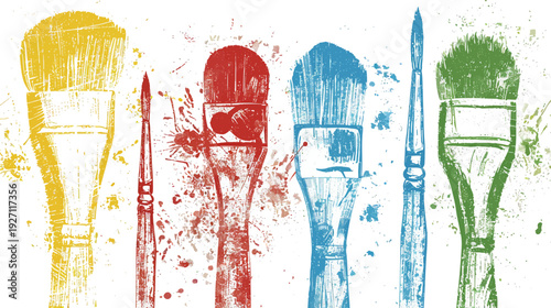 Colorful paint brushes with varying brush strokes and a splatter effect on a white background