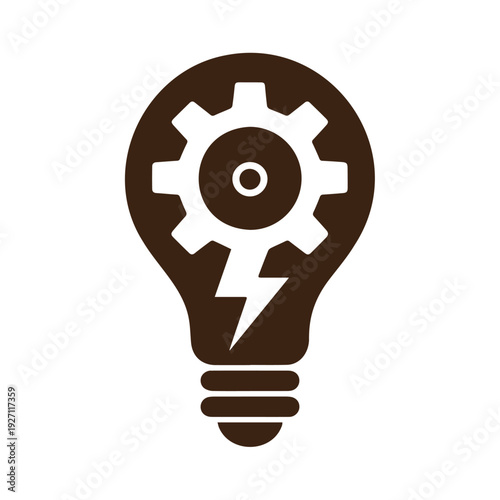 Lightbulb with gear and lightning bolt icon. Represents innovation, idea generation, and problem-solving. Created in a flat, solid brown and white style.