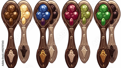 Artistic depiction of eight ornately crafted spoons each holding a different colored orb-like substance