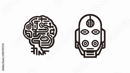 A conceptual illustration depicting a human brain next to a robot head with circuit-like details