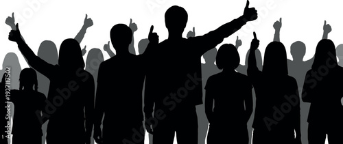 A large group of diverse people in silhouette raising their hands with thumbs up in approval and celebration