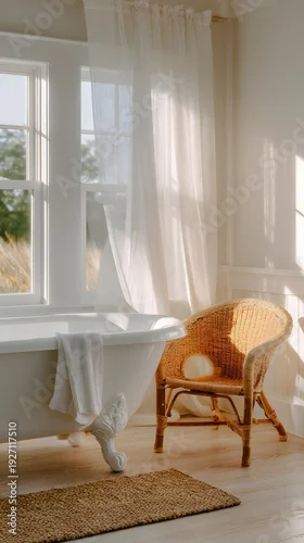 Obraz A bright and airy bathroom features a clawfoot tub, a wicker chair, and sheer curtains letting in sunlight