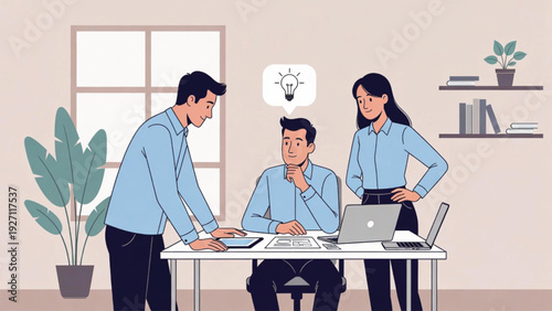 Business Team brainstorms new idea with a lightbulb above head, modern flat illustration