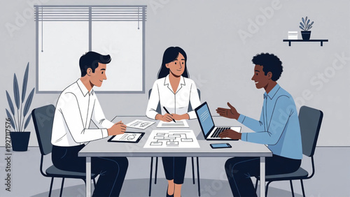 Business team collaborating on project, discussing documents and laptop use