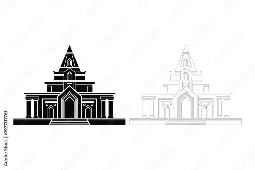 Obraz premium Silhouette and outline of a traditional temple building