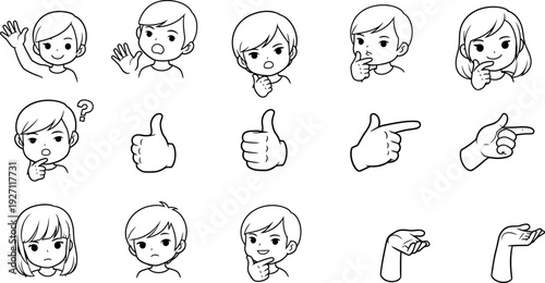 Collection of cute cartoon childrens faces and hands illustrating various common emotions and communication gestures in black outline art style