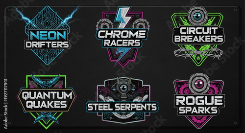 Six vibrant team logos showcasing futuristic racing and technological themes with dynamic designs.
