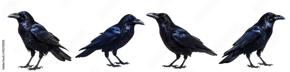 Fototapeta premium Four black crows standing in a row looking around isolated on transparent background