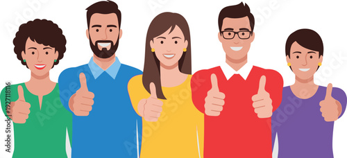 Diverse group of happy cartoon people giving enthusiastic thumbsup showing approval and teamwork