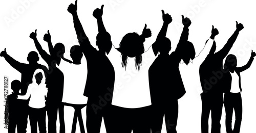 Diverse group of happy cheering people silhouettes celebrating success with raised thumbs up expressing agreement and support