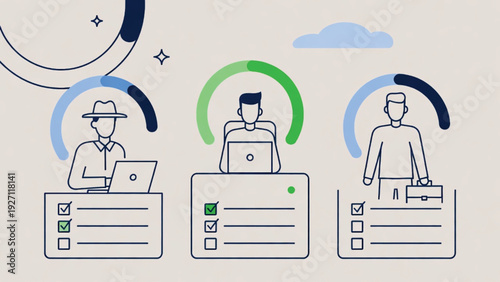 Business Diverse team completing tasks and achieving goals with progress indicators