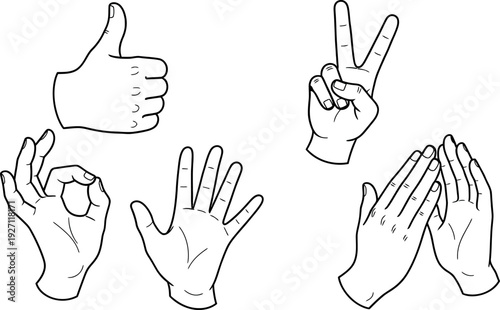 Diverse hand gestures line art collection showcasing common human communication and positive expressions in a minimalist style isolated