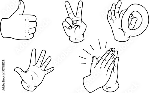 Diverse hand gestures collection featuring thumbs up victory open palm clapping and an OK symbol in outline vector style