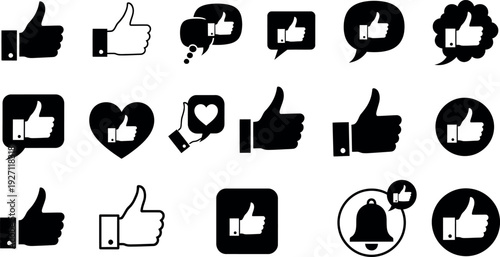 Modern social media communication icons set featuring various thumbs up gestures and notification symbols for digital feedback and approval